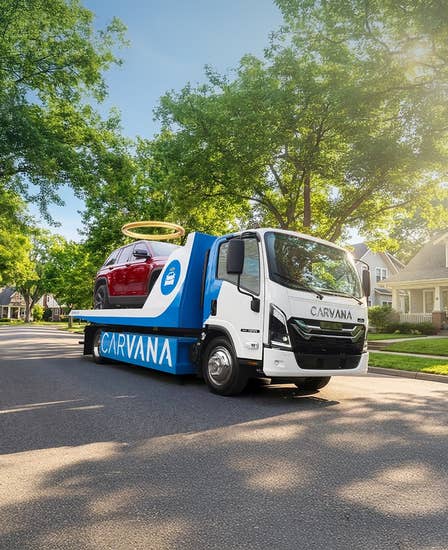 A Carvana hauler with a red car on it, driving through a neighborhood