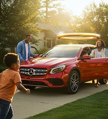 Family in their driveway with a car