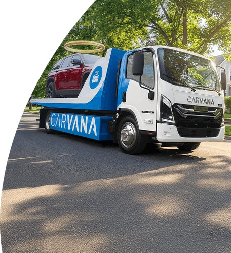 Hero Image with a Carvana Hauler driving through a neighborhood with a red SUV loaded on the back